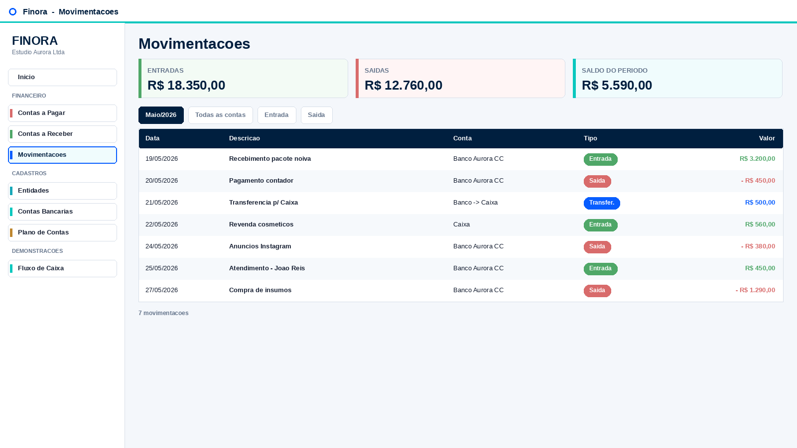 Tela de movimentações bancárias no Finora